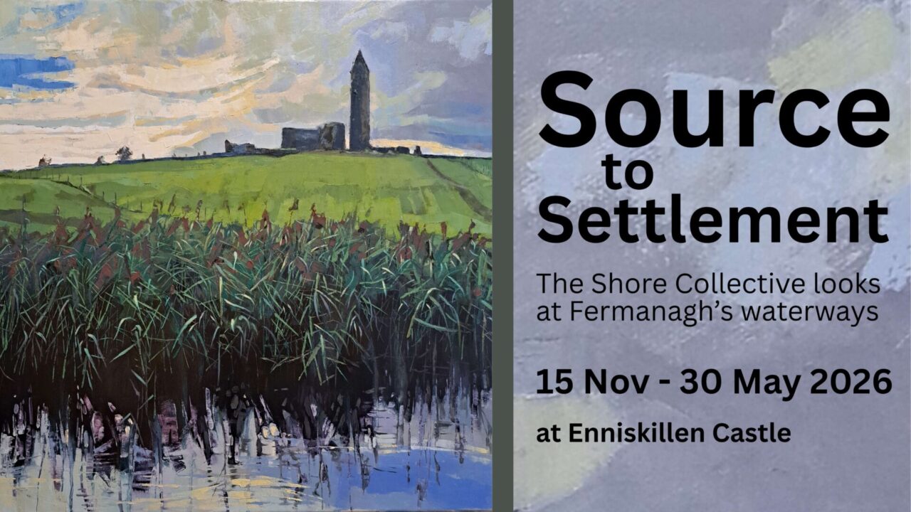 Painting ruins of Devenish Island, green grass, reeds and shore