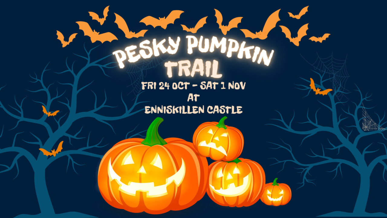 Spooky Pumpkins on a black backgrouns with spooky trees, bats and cobwebs