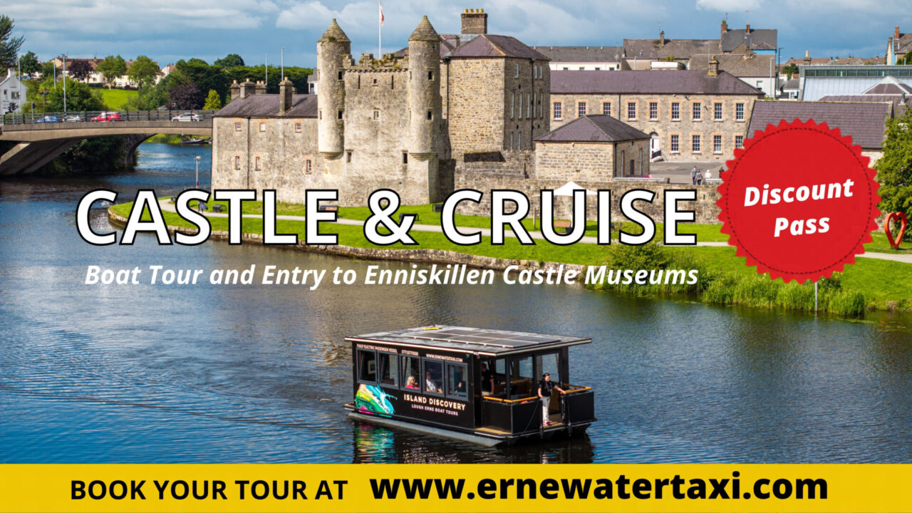 Boat on water in front of Enniskillen Castle