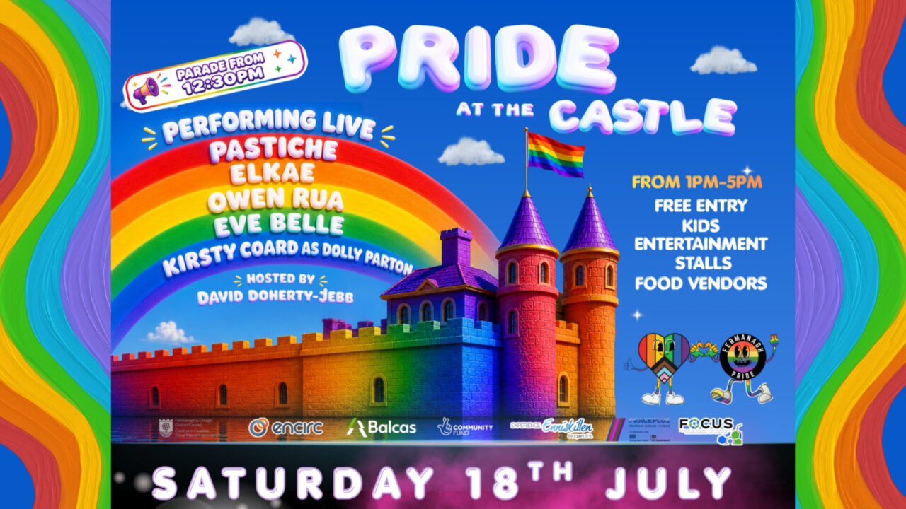 Colourful picture of rainbows and a Castle with text